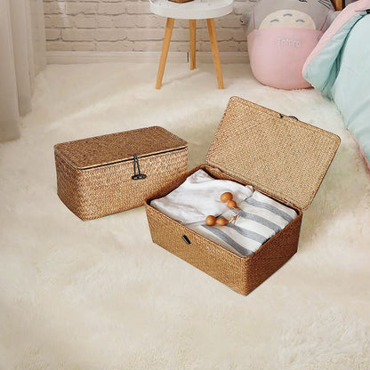 Wicker Storage Basket Woven Rattan Storage Box With Lids Seagrass Laundry Baskets Makeup Organizer For Bathroom, Living Room, Kitchen (M)
