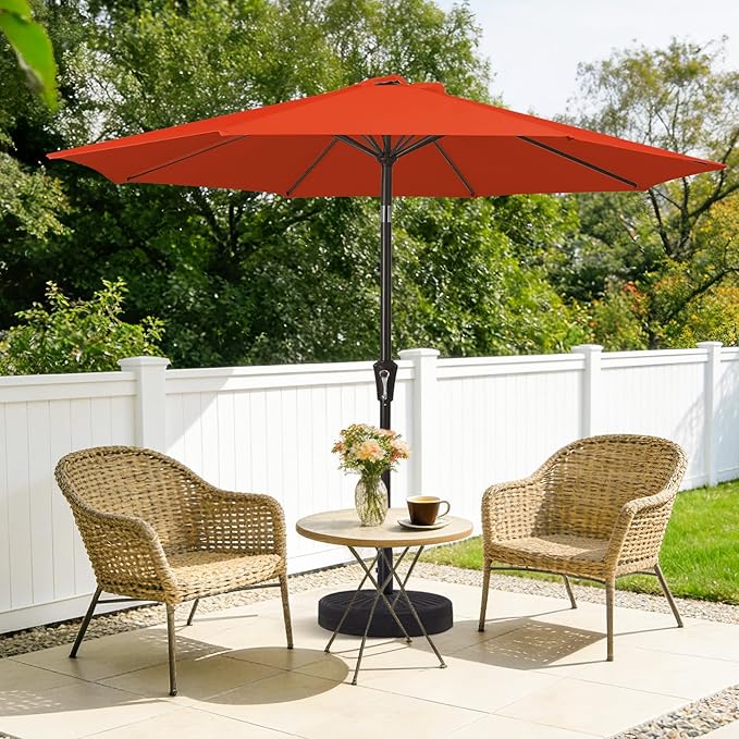 MEWAY 9ft Patio Umbrella Outdoor Table Umbrellas with Push Tilt and Crank, Market Umbrella 8 Sturdy Ribs for Deck, Garden, Pool and Backyard, Red Orange