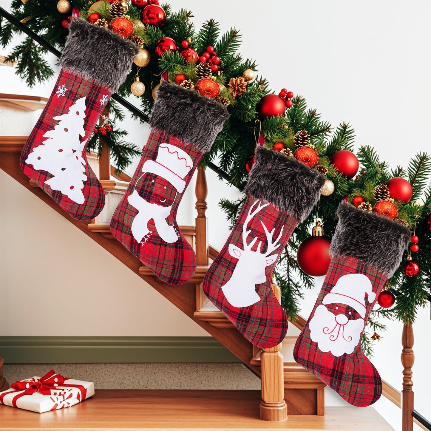 Mostop 4 Pack Christmas Stockings, Large Buffalo Plaid Faux Fur Xmas Stockings Santa Snowman Reindeer Pattern Stockings for Xmas Family Home Decoration
