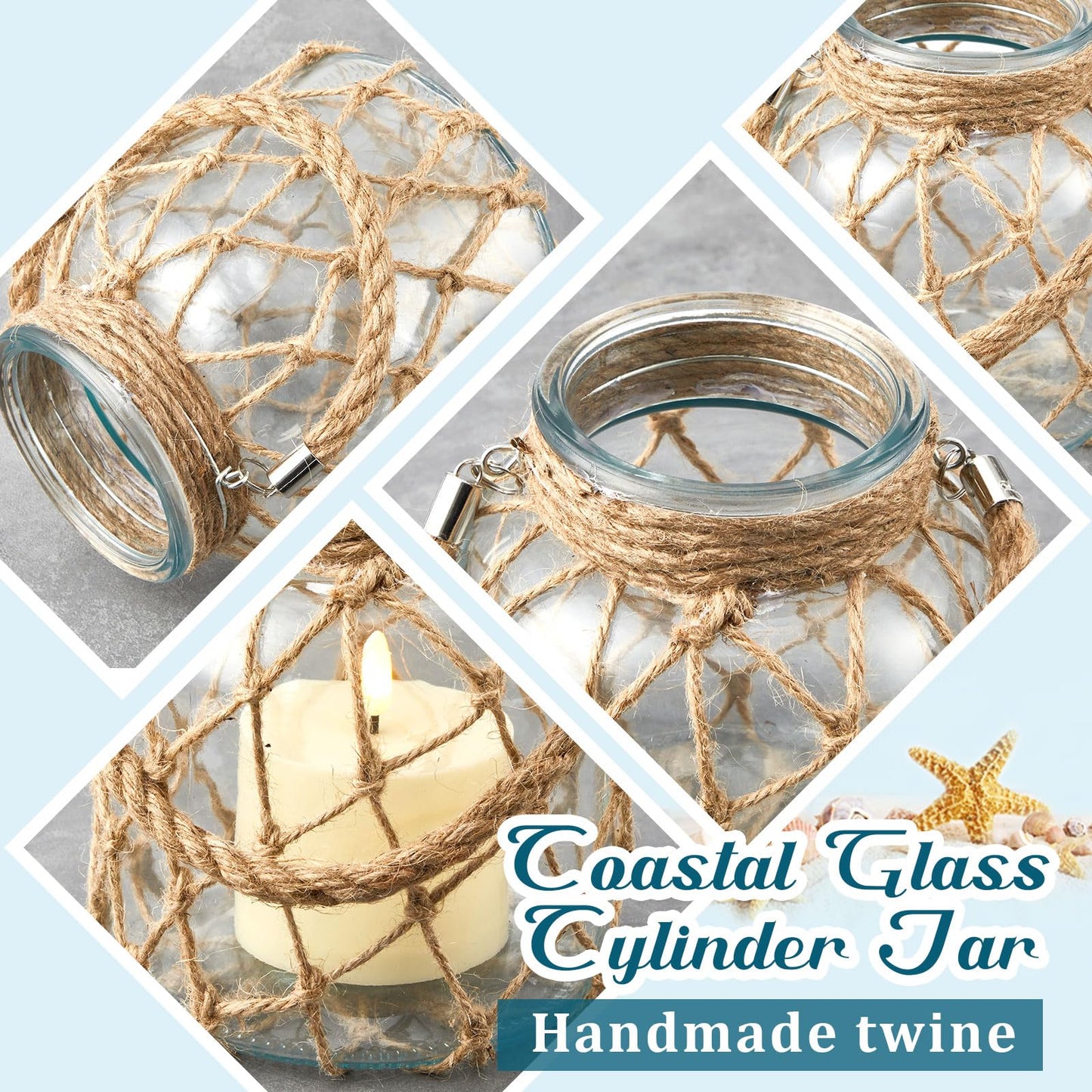 Blushtier 2 Set Nautical Candle Lantern with Rope Handle Coastal Glass Jar Battery Operated LED Flameless Lantern for Room Party Sea Beach House Table Centerpieces Decoration 5.5" x 5.5" x 6.3"