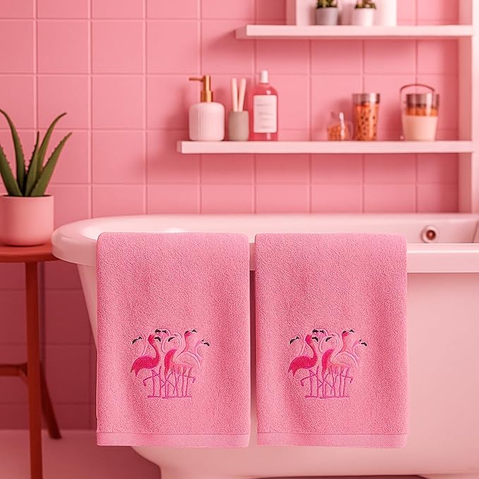 2 Pcs Flamingo Hand Towels Hot Pink Bathroom Decor 14x29 Inch Embroidered 100%