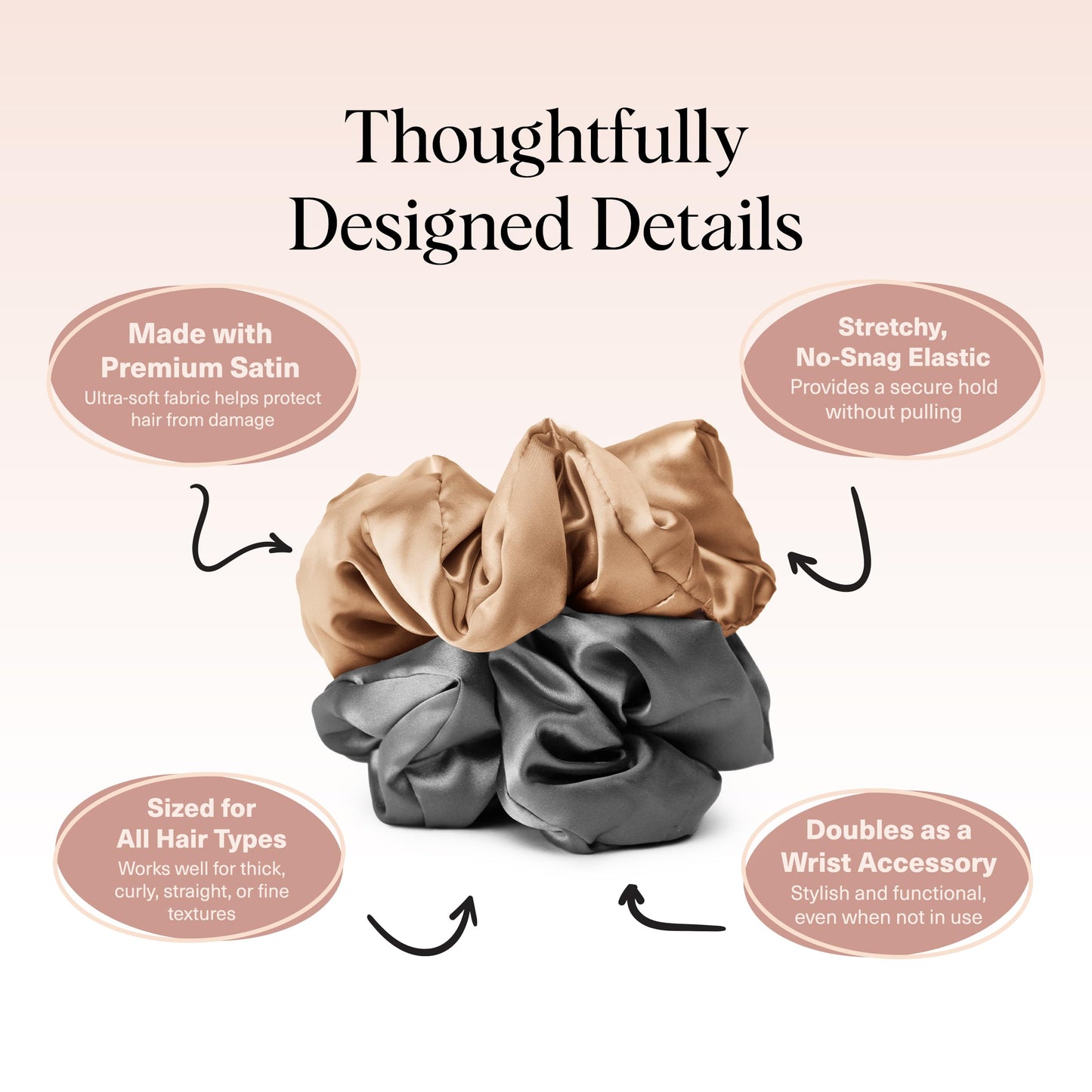 Kitsch Satin Hair Scrunchies for Women - Softer Than Silk Scrunchies for Hair | Satin Scrunchies for Girls & Stylish Satin Hair Ties for Women | Cute Satin Hair Scrunchie, 2 pc (Charcoal/Gold)