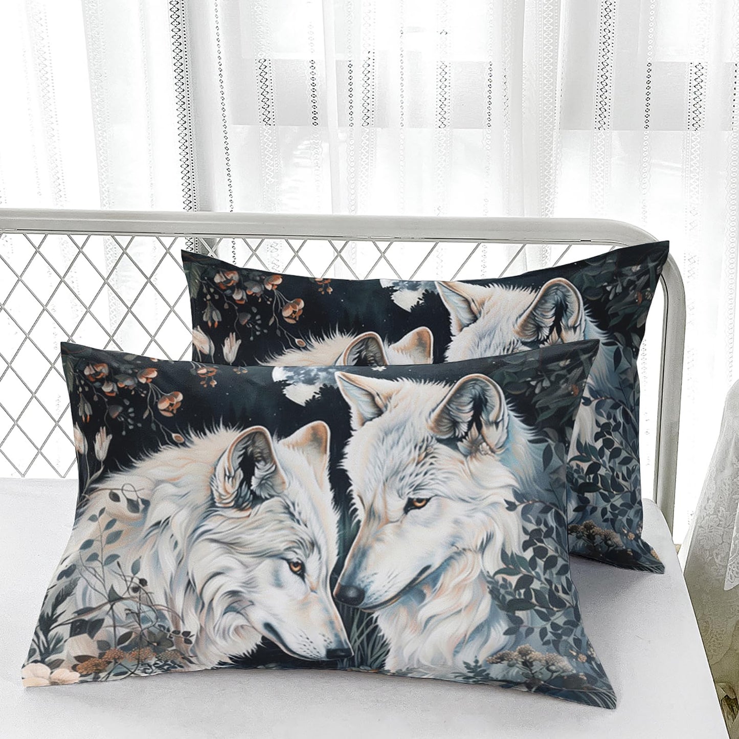 White Wolf Bedding Set Queen Size，Boho Animals Wolf 3D Pattern Bed Sheet Set 16" Deep Pocket, Wolf bedding set for Boys Kids and Adults，Wolf Theme Bed Sheet Set 4 PCS(Fitted + Flat + 2 Pillowcases)