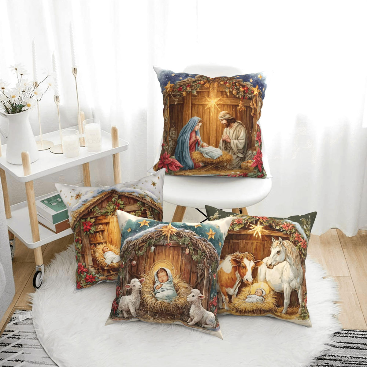 Worltoldb Christmas Bear Deer Throw Pillow Covers Set of 4 Winter Xmas Decorative Soft Linen Fabric Square Cushion Case for Room Bedroom Sofa Car 18x18 (Christmas O Holy Night, 18 * 18)