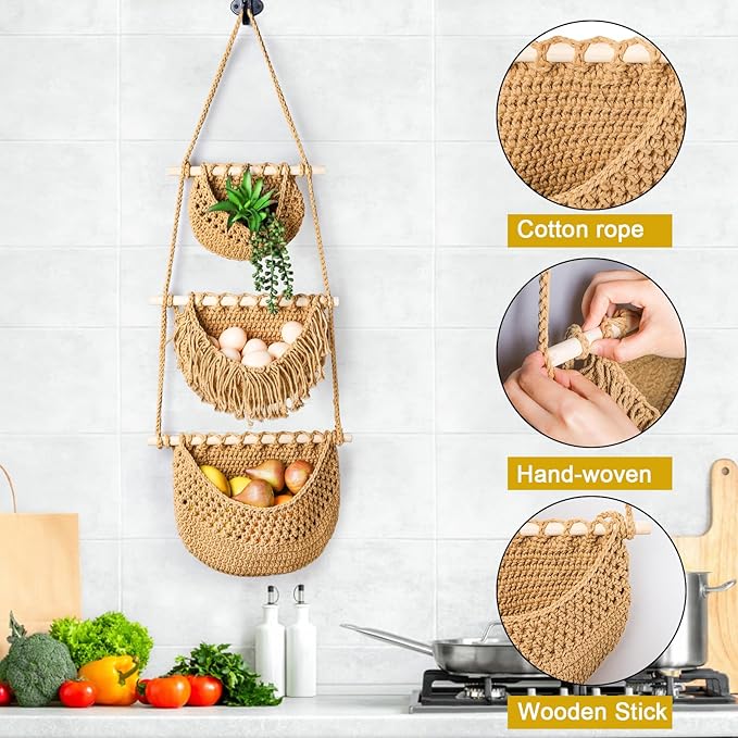 Lawei 3 Tier Hanging Fruit Basket, Wall Hanging Vegetable Fruit Baskets Cotton