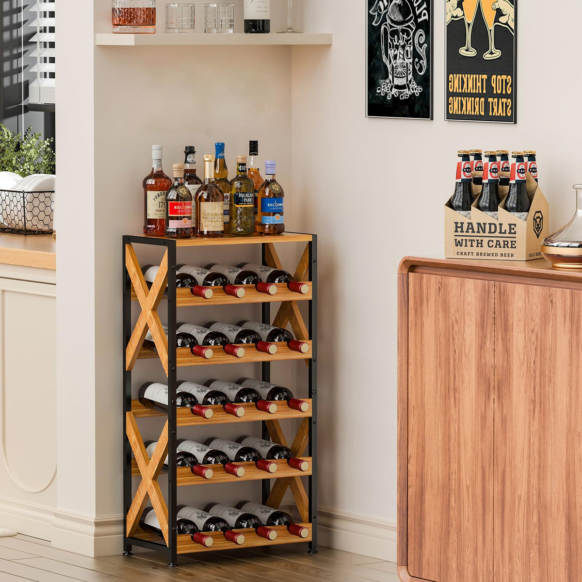 LUMAMU 20 Bottle Wine Rack Freestanding Floor with Wood Top,Wobble-Free 5 Tier Wine Display Storage Stand Shelf,Stackable Modular Wine Bottle Holder Rack for Kitchen,Cellar,Living Room