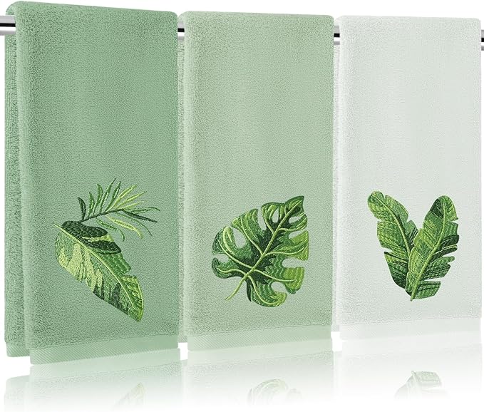 3Pcs Sage Green Gradient Hand Towels Tropical Palm Leaves Embroidered Cotton