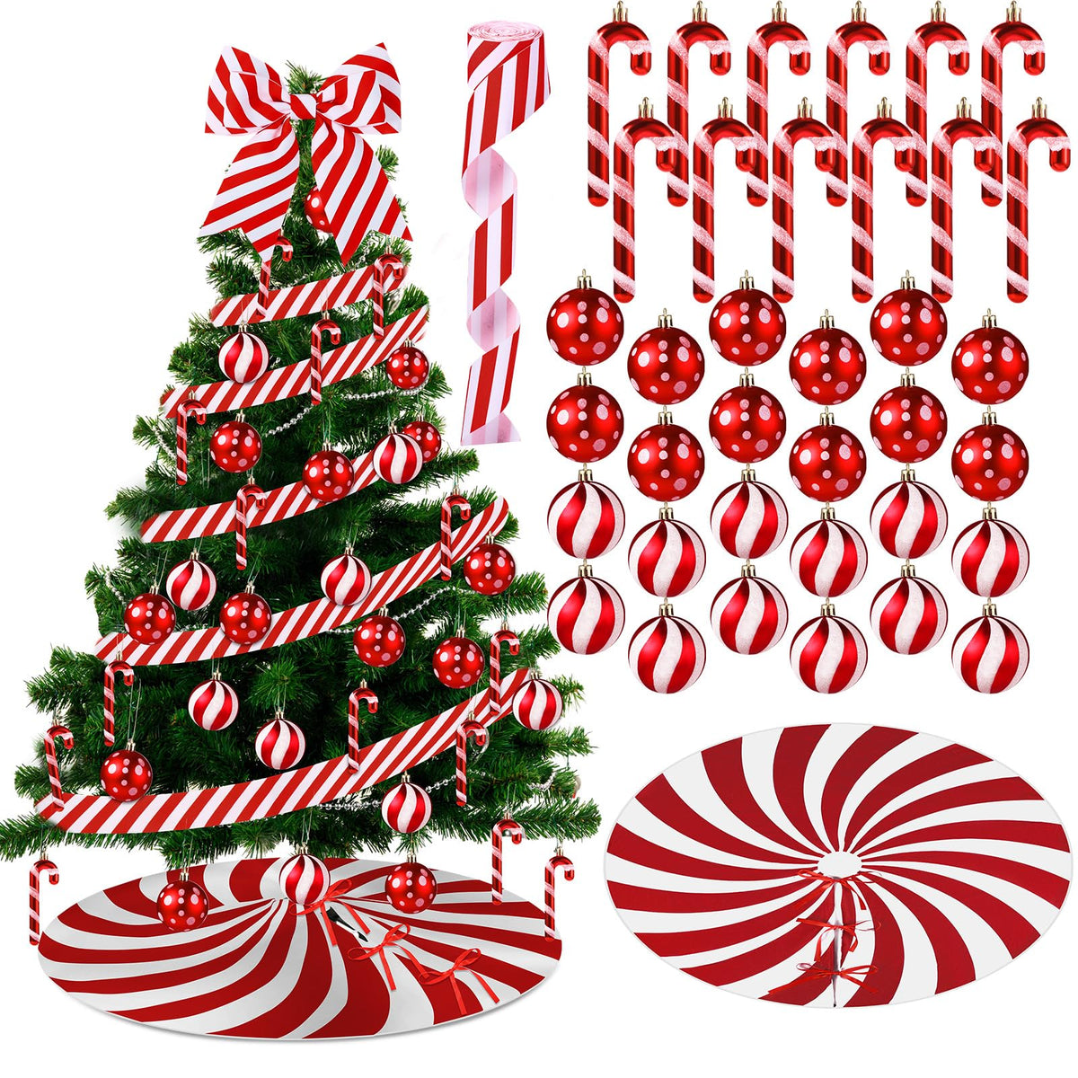 Shappy 38 Pcs Christmas Tree Ornaments Sets, Candy Cane Red White Stripes Xmas Tree Hanging Decorations, Plastic Xmas Ball Variety Shapes with Ribbon New Year Holiday Party Supplies(Cute,39.4'')