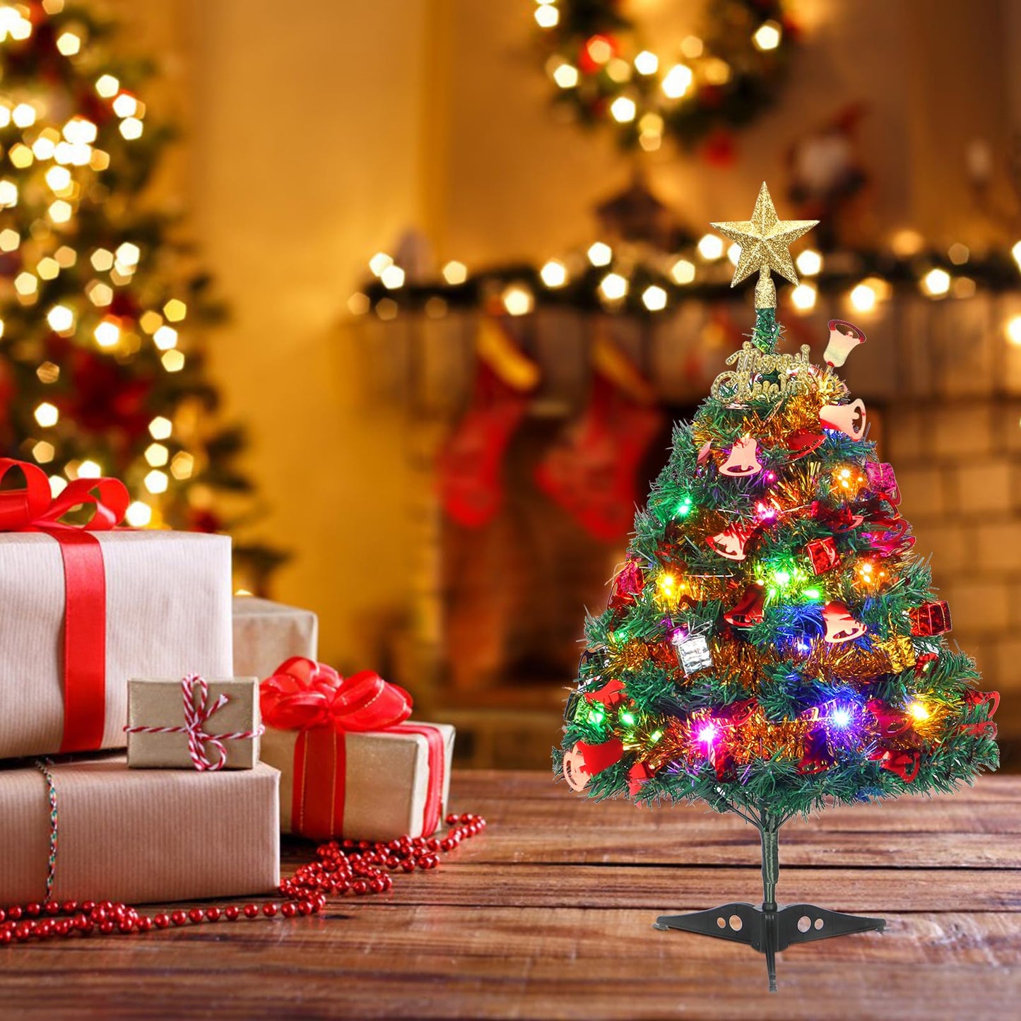 Mini Christmas Tree, 2ft Tabletop Small Christmas Tree with Lights, Hanging Ornaments and Star Treetop, Xmas Decoration Tree Decor