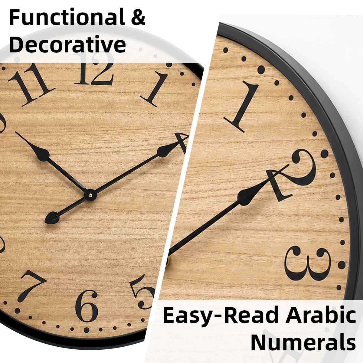 UPPER DECOR Rustic Farmhouse Wall Clocks for Living Room Decor, Large 24 inch Wall Clock with Dark Brown Wooden Face and Black Metal Frame, Silent Battery Operated for Kitchen Bedroom Entryway