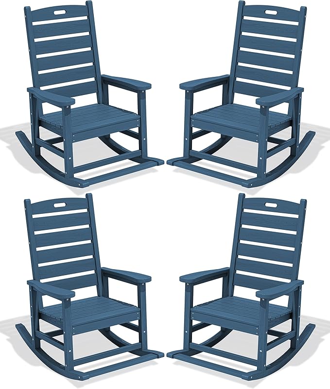 SERWALL Outdoor Rocking Chair Set of 4, Oversized HDPE Patio Rocking Chair with Footrest for Adults, All Weather Porch Rocker for Deck Patio Balcony, Navy