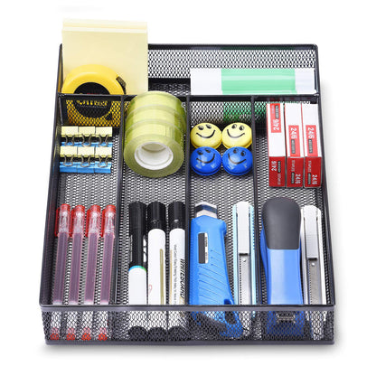 WuGeShop Office Desk Drawer Organizer, 5 Compartments Mesh Drawer Organizer Tray for Storage Art Supplies, Stationery, Black