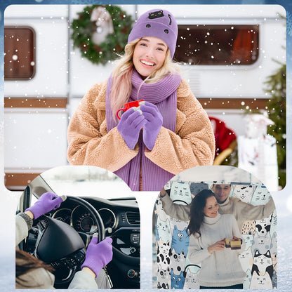 Mepase 6 Pcs Winter Cat Gifts Set for Women Birthday Include Cat Beanie, Scarf, Touchscreen Gloves, Flannel Throw Blanket Makeup Pouch and Transparent Zip Tote Purple Knit Valentine Gift Accessories