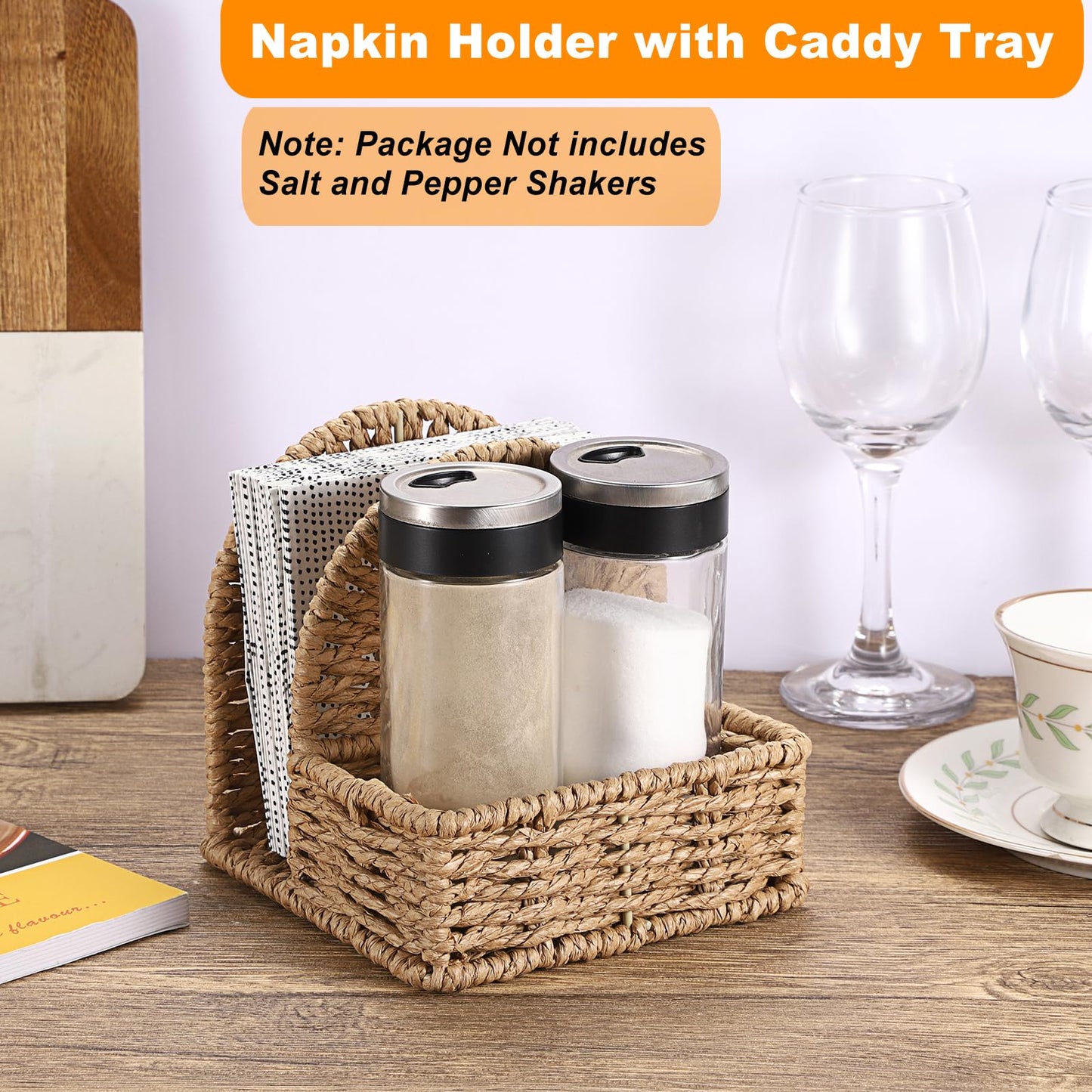 Sumnacon Wicker Napkin Holders with Salt and Pepper Shakers Caddy, Standing Napkin Dispenser with Condiment Tray, Farmhouse Upright Napkin Basket for Kitchen Dining Table Centerpiece (No Shakers)