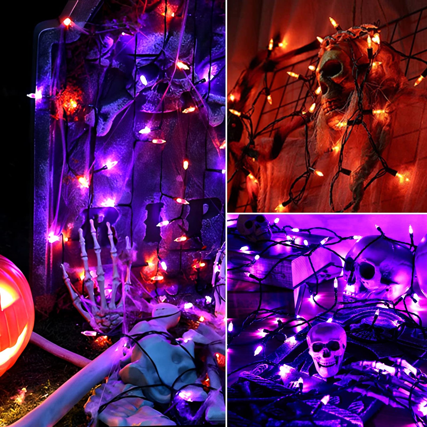 VTECHOLOGY 100 LED Motion Sensor Orange & Purple Halloween String Lights,33ft USB & Battery Operated Halloween Light String with Spooky Music for Halloween Holiday Indoor Decor