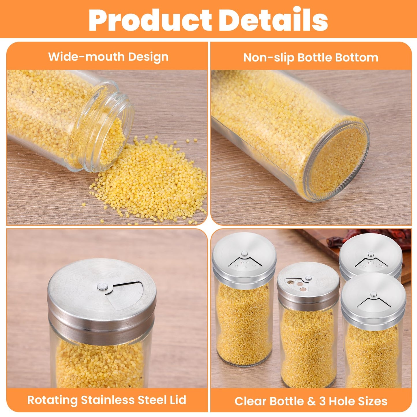 12-Pack 4 oz Salt and Pepper Shakers with Adjustable Pour Holes – Glass Spice Jars with Stainless Steel Lids – Clear Seasoning Containers for Kitchen, Dining, and Camping (1.85” x 3.94”)