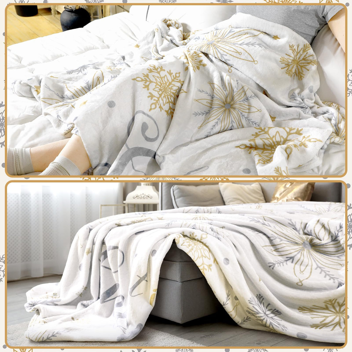 Buryeah 50'' x 60'' Winter Snowflake Throw Blanket White Let It Snow Blanket Plush Warm Gold Silver Christmas Winter Decor for Sofa Couch Bed