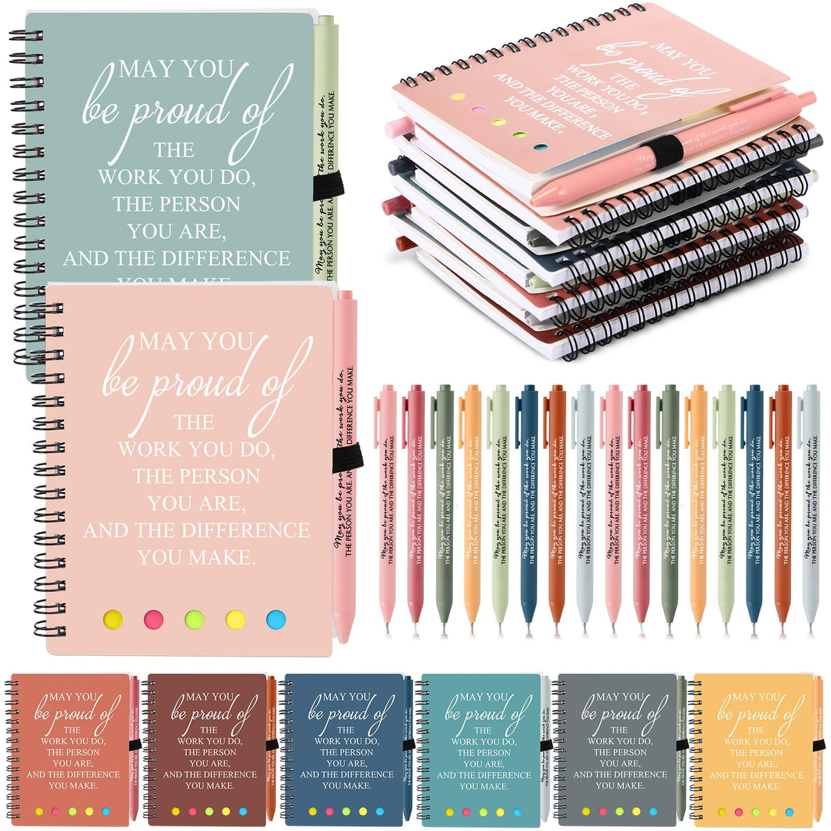 Resurhang 48 Pcs/24 Set Employee Appreciation Gift for Coworkers Staff Teacher Positive A6 Spiral Journal Notebook with Pen for Team Volunteer Week Lab Week(Fresh Color,May You)