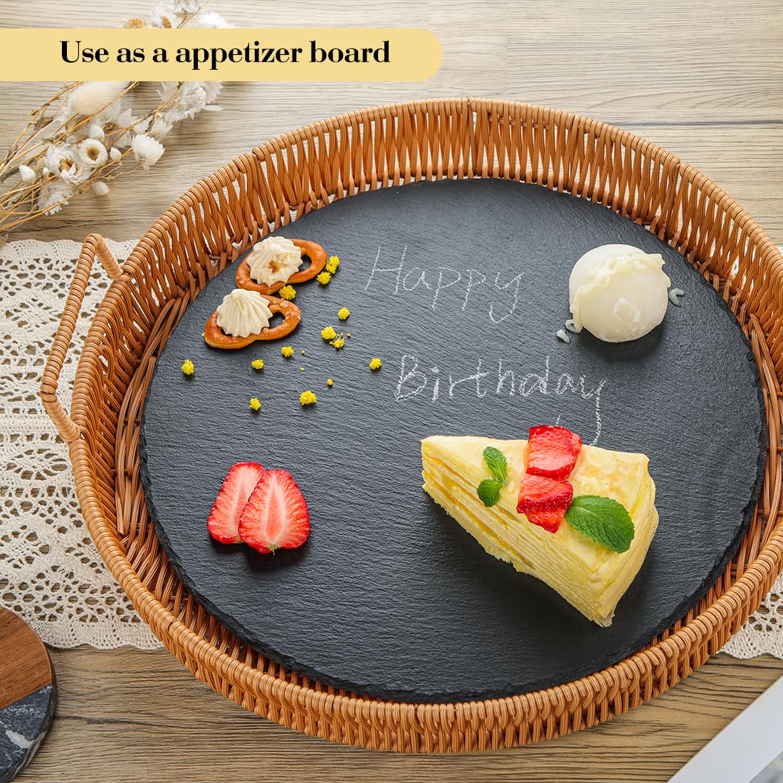 LiWiBet Natural Slate Cheese Charcuterie Board 12Inch, Premium Serving Platter for Charcuterie, Cheese, Appetizers | Placements Black Slate for Laser Engraving Rustic Kitchenware & Entertaining