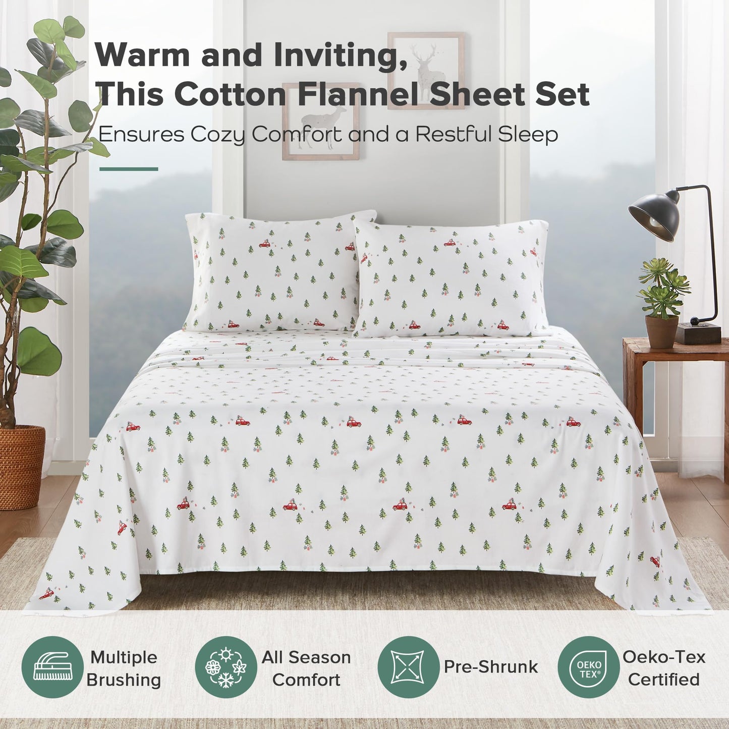 Woolrich Cotton Sheet Set Cottage Charms Print, 100% Cotton Flannel Sheets Warm & Fuzzy Bedding Set Queen Size Sheets, Fitted Pocket Fits Up to 14" Mattress, Queen Green Tree Trip 4 Piece