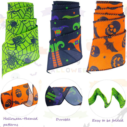 3 Rolls 15 Yards Halloween Wired Edge Ribbon - Bat Skull Pumpkin Halloween Decorative Spider Web Printed Wrapping Ribbon for Party Wreath DIY Craft Floral Bow