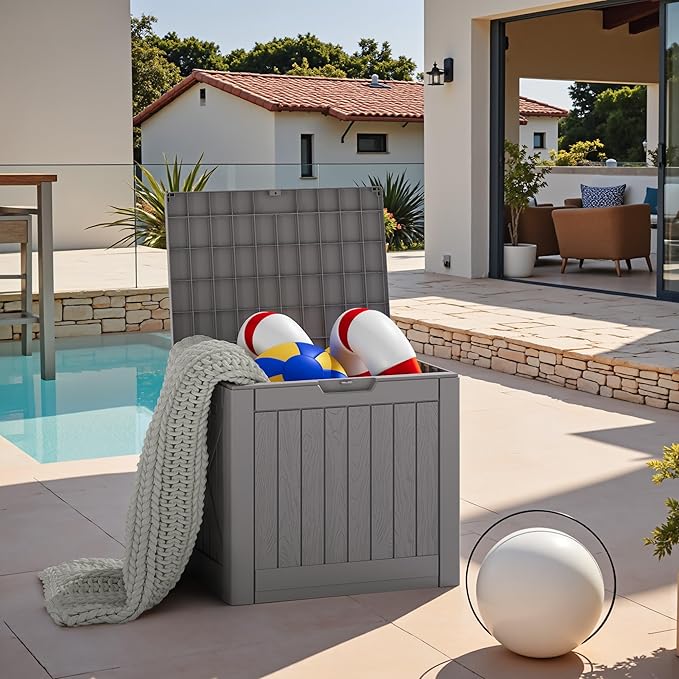 JUMMICO 42 Gallon Deck Box Waterproof, Resin Outdoor Storage Box with Side Handles, Outdoor Storage Benches Lockable for Patio Cushions and Garden Tools (Gray)