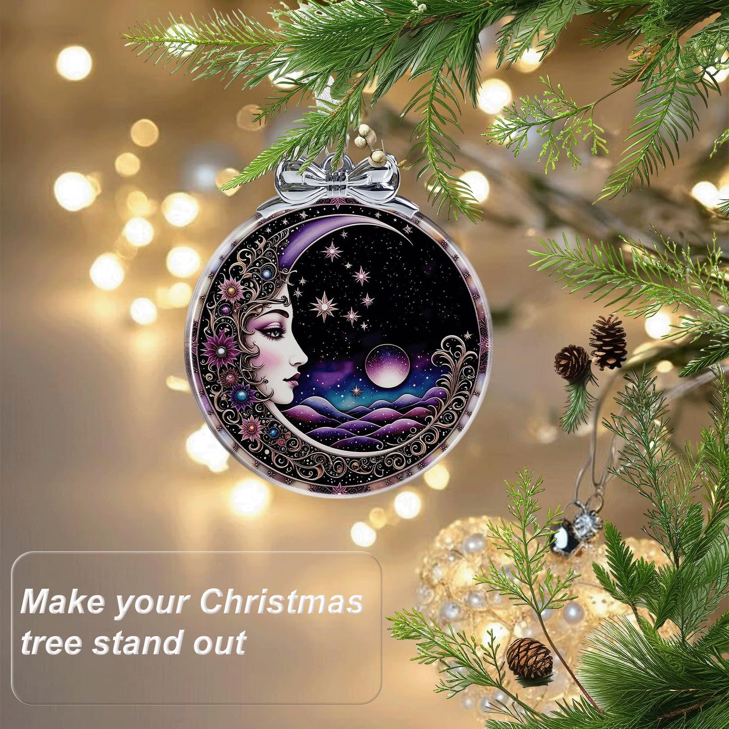 Sun and Moon Christmas Ornament Crystal Glass with Gift Box- Hanging Ornaments for Christmas Tree Xmas Decorations, Holiday Keepsake Present Exchange Ideas