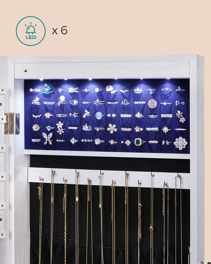 SONGMICS Hanging Jewelry Cabinet, Wall-Mounted Cabinet with LED Interior Lights, Door-Mounted Jewelry Organizer, Full-Length Mirror, Gift Idea, White UJJC99WT