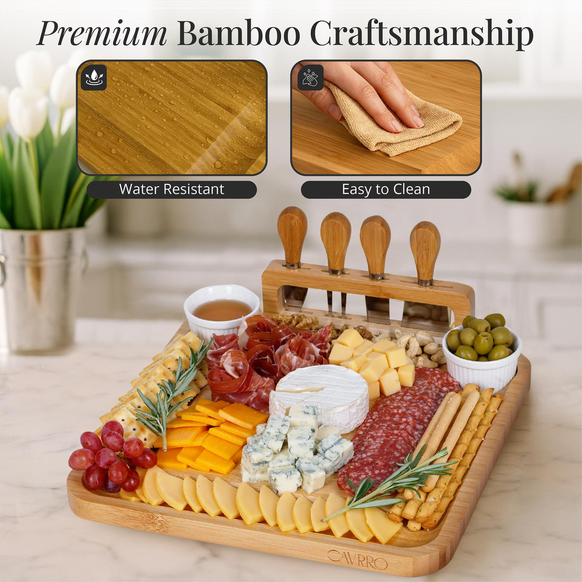 Charcuterie Board Set Bamboo with Cheese Knives and Bowls, Large Wooden Serving Platter for Entertaining, Housewarming and Wedding Gift by Cavrro