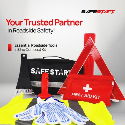 Safe Start Car Emergency Kit - Car Safety Kit with First Aid, Safety Hammer, Reflectors, Gloves, Ice Shovel - Compact Roadside Tool Kit for Repairs, Snow, Accidents - Protect Your Family on the Road
