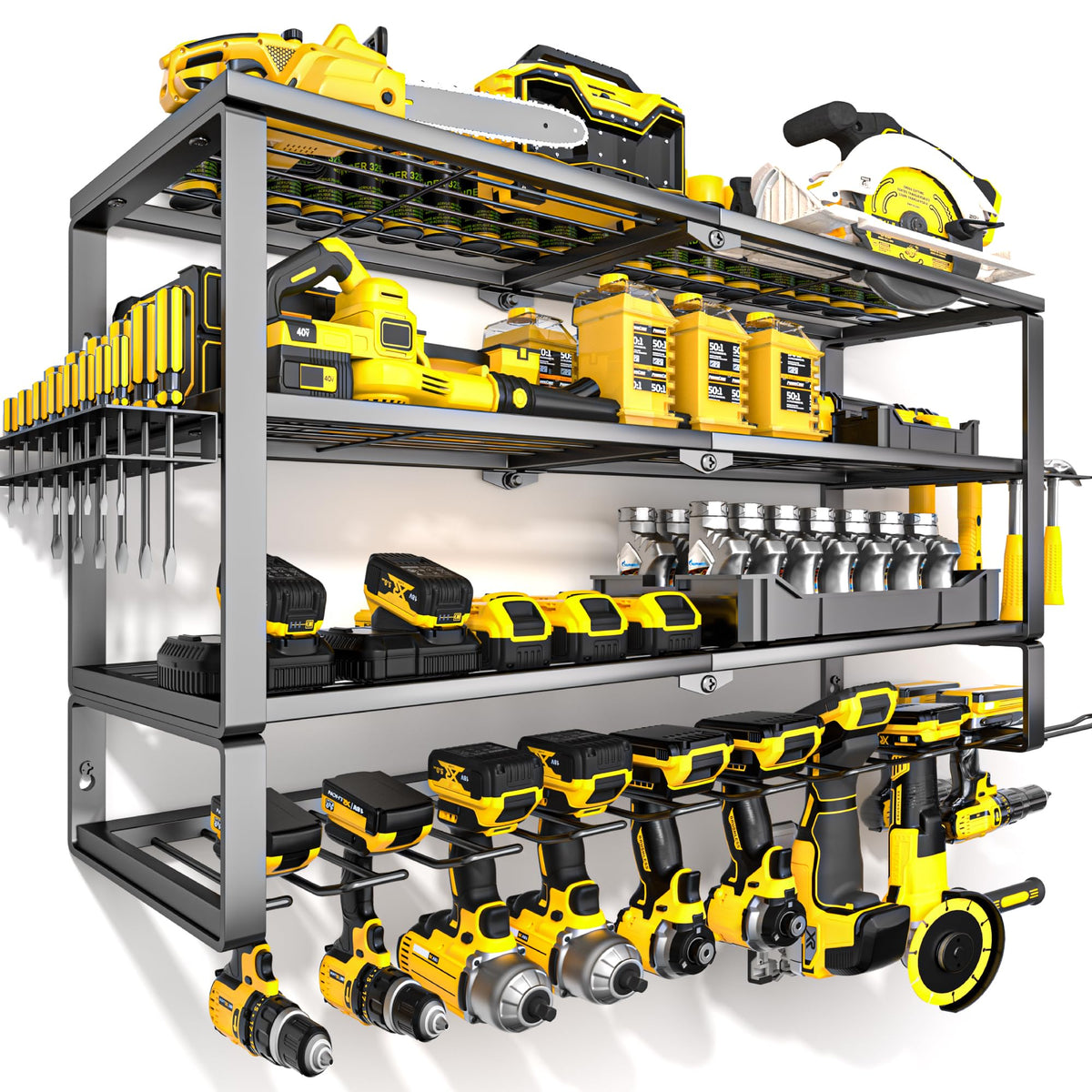 YYR Large Power Tool Organizer Wall Mount, Heavy Duty Metal Cordless Drill Storage Rack with Battery Charging Station Shelf, Utility Racks for Garage Organization, 4 Layer 10 Drills Holder Extra Tall