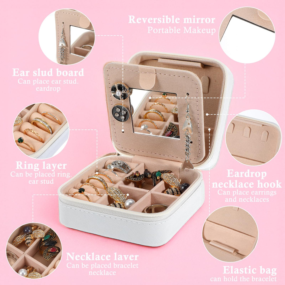 mekueeex 6Pcs PU Leather Small Travel Jewelry Case Organizer Storage, Bridesmaid Gifts Jewelry Box with Mirror for Women Girls