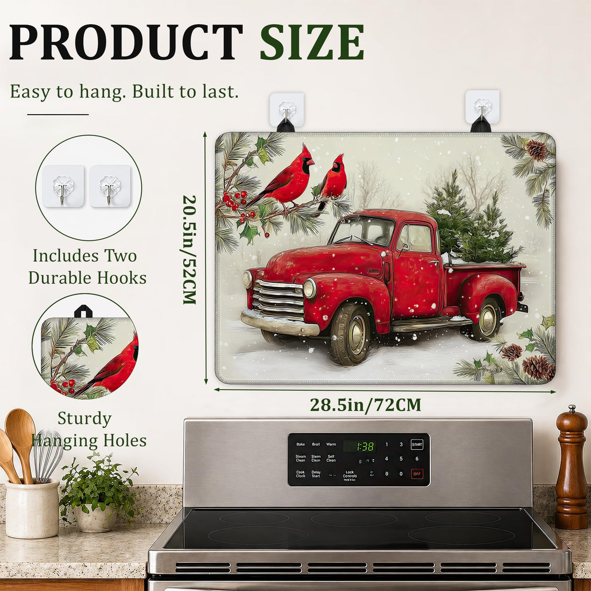 Red Truck Christmas Stove Top Cover for Electric Stove 28.5"x 20.5",Cardinal BirdHeat Resistant Glass Top Stove Cover Protector, Glass Cooktop Covers, Kitchen Flat Electric Stove Top Covers