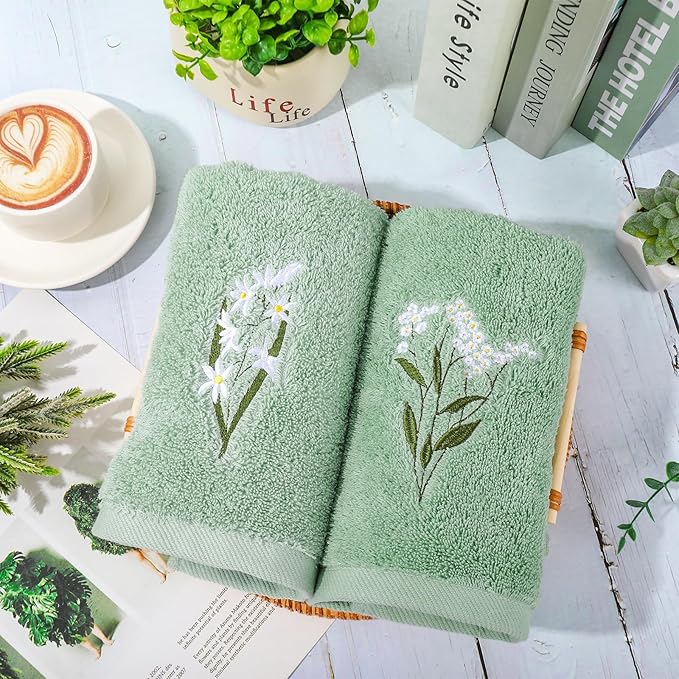 3Pcs Sage Green Hand Towels 29.5 x 13.7 Inch Gradient Green Floral Embroidered
