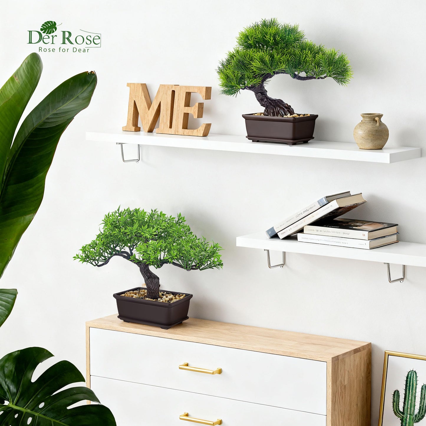 Der Rose 2Pcs Small Fake Plants Artificial Bonsai Tree Set Ficus and Cedar for Office Desk Shelf Room Home Zen Decor Indoor