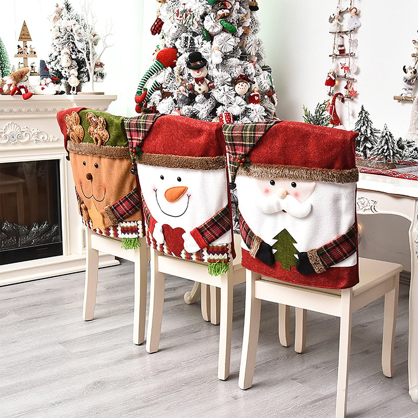DCQRY 6 Pcs Christmas Chair Back Cover for Dining Room, Santa Claus Snowman Reindeer Xmas Dinner Chairs Cover, Chair Slipcover for Kitchen Hotel Holiday Party Decor
