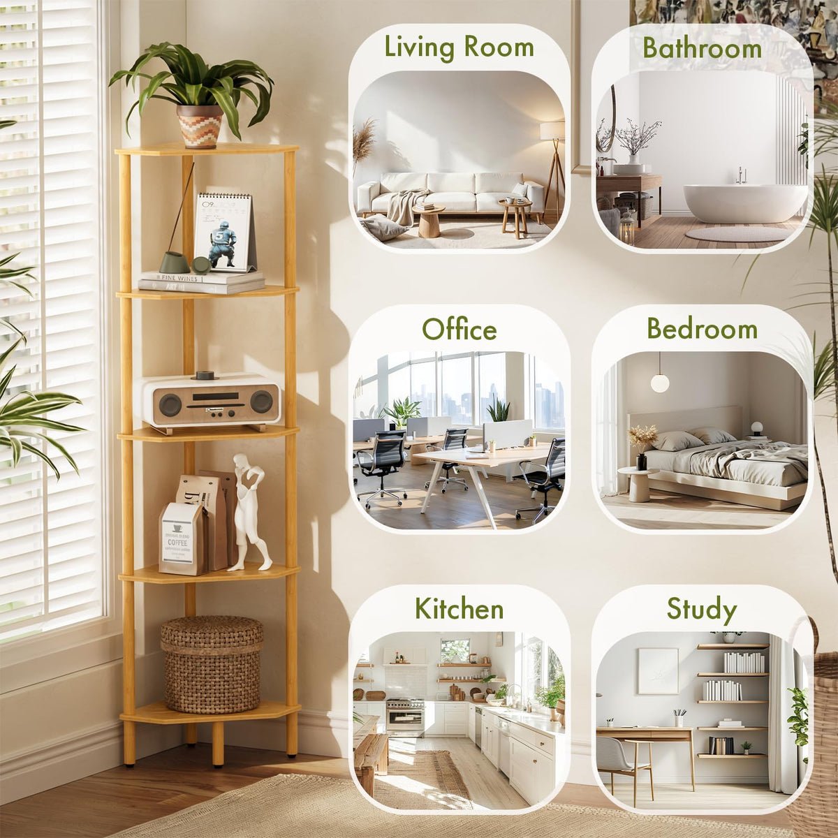 Corner Shelf, 5 Tier Bamboo Corner Bookshelf, 54" Tall Narrow Bookcase, Plant Stand, Corner Display Rack, Shower Caddy, Display Standing Shelf Organizer for Bedroom, Living Room, Kitchen, Home Office