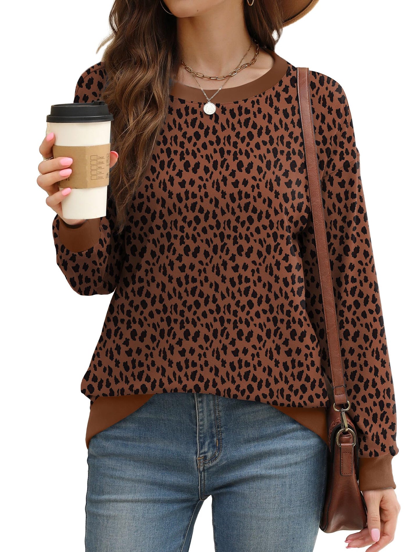 Saloogoe Long Sleeve Shirts for Women Dressy Casual Tops Fall Sweaters 2025 Halloween Sweatshirts Active Leopard L