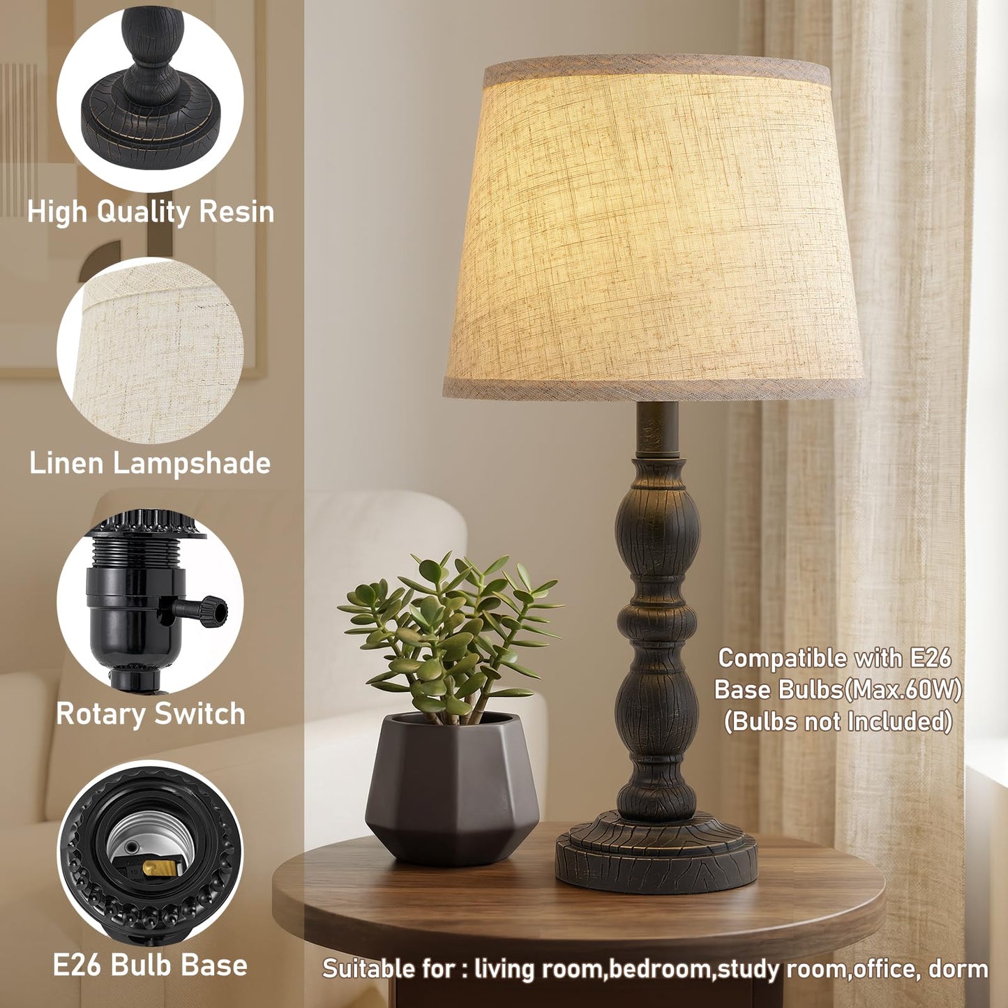 GyroVu Table Lamps Set of 2 for Bedroom, 20.5" Rustic Farmhouse Bedside Lamps with Linen Shade, Vintage Nightstand Lamps for Living Room, End Table Office, Desk(Black)