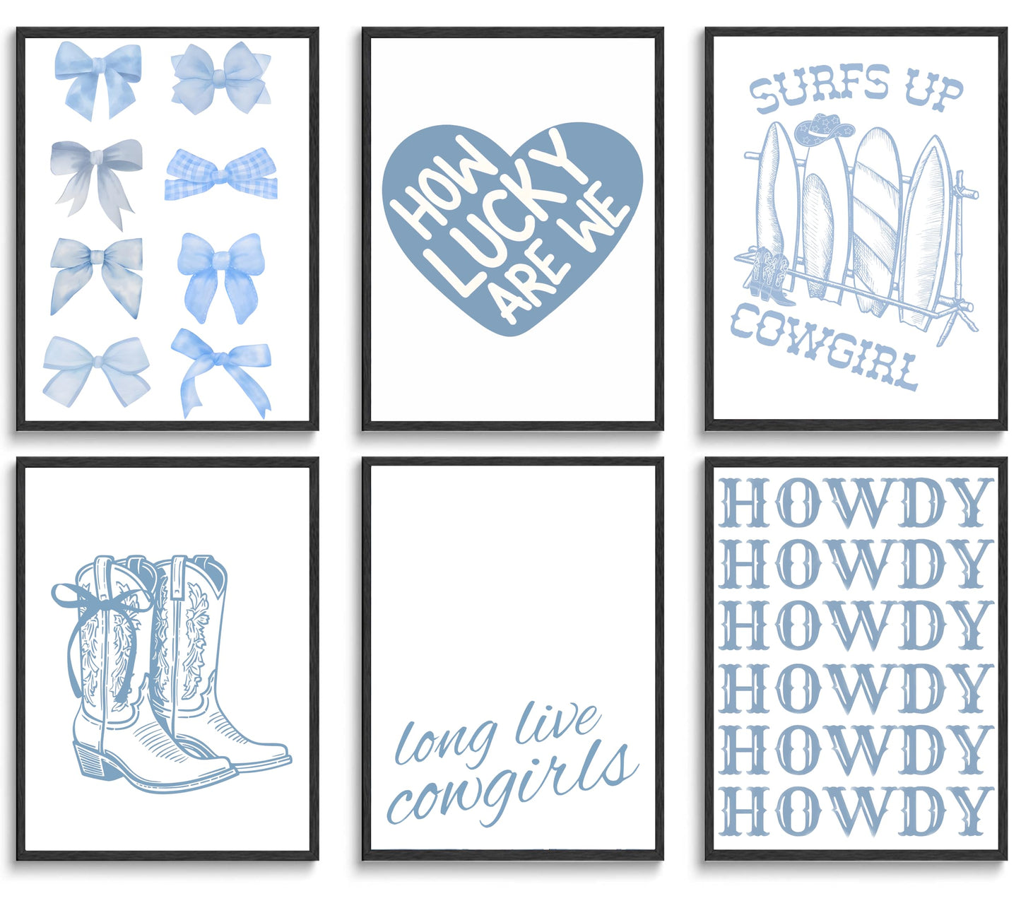 Coastal Cowgirl Wall Art Prints Set of 6 Trendy Blue Bow Boots Surfer Posters Coastal Granddaughter Preppy Aesthetic Wall Decor Pictures for Girly Bedroom Dorm Apartment Decoration Unframed 8x10in