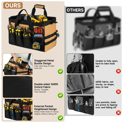 27 Pockets Tool Bags for Men,16-Inch Heavy Duty Tool Bag,Large Toolbag Tool Box Organizer,Portable Toolbox Tools Tote Carrying Case for Mechanic,Electrician,Father Day Gifts for Him Dad Men,Brown
