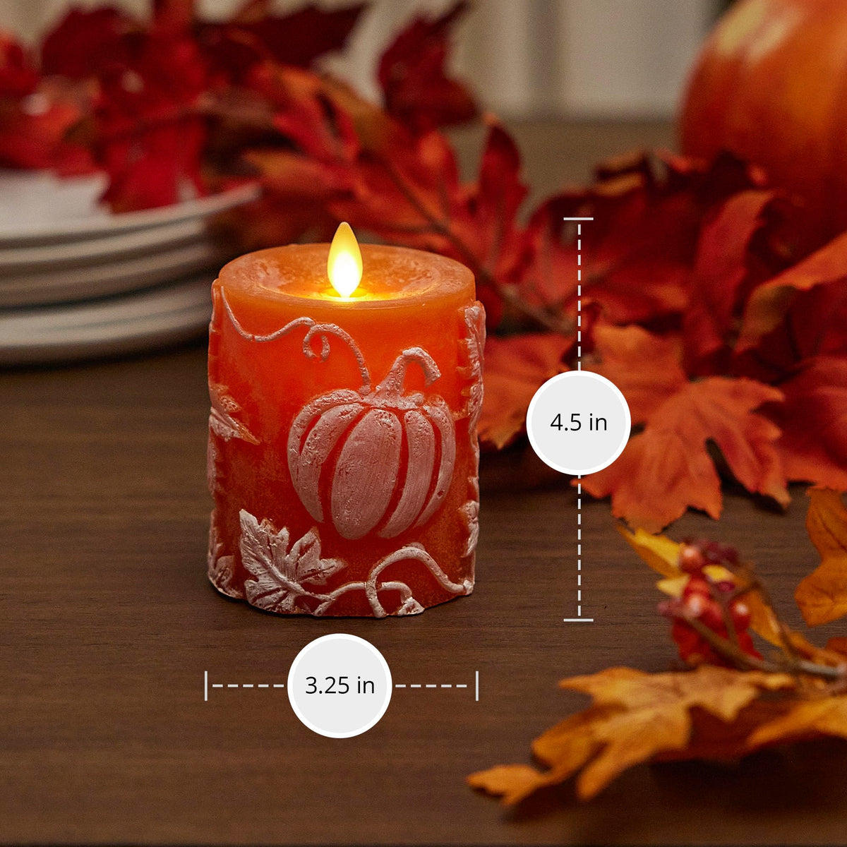 Luminara Embossed Leaves and Pumpkins Moving Flame Pillar Candle 3.25" x 4.5" with Recessed Edge Unscented Real Wax LED Battery Operated Candle Lights