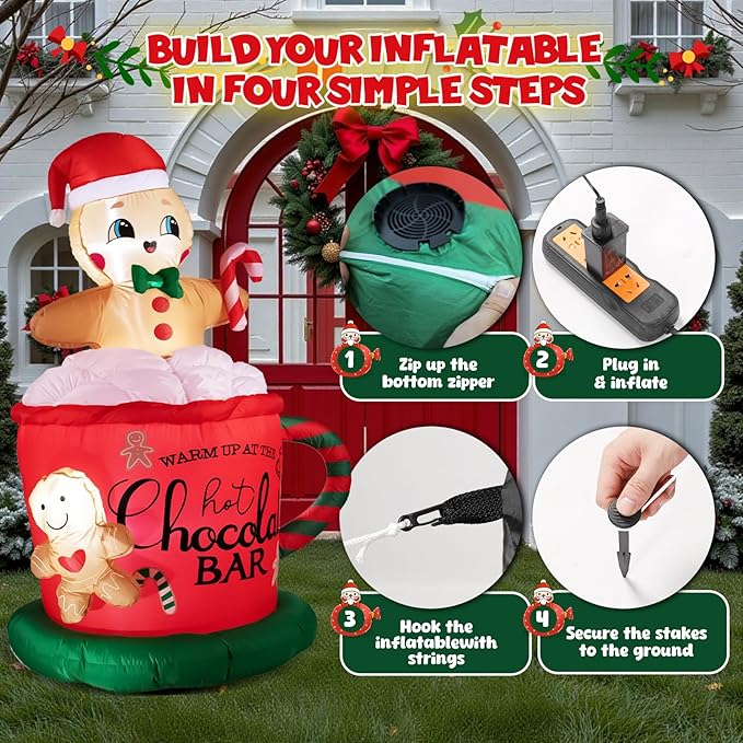 6.5FT Giant Inflatable Gingerbread Man with LED Lights, All-Weather Outdoor Christmas Decoration, Hot Chocolate Mug Yard Decor