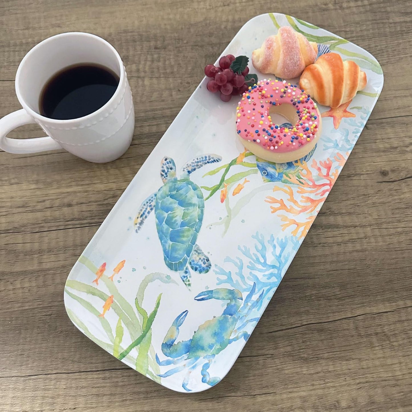 UPware Sea Life Serenade Melamine Serving Tray, 15 x 6.5 Inch Rectangular Serving Platter, BPA Free Food Tray for Party Entertaining