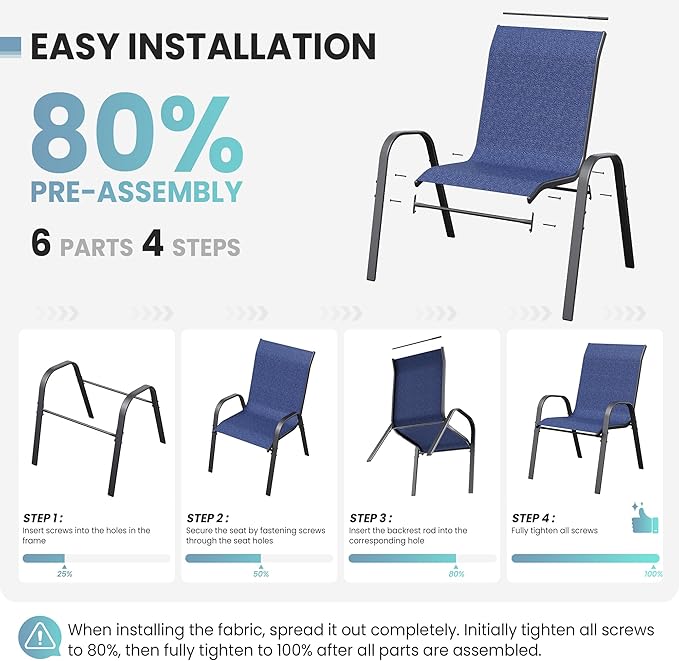 Patio Dining Chairs Set of 8, Outdoor High Stacking Chairs，Breathable Seat Fabric and Alloy Steel Frame for Backyard, Porch, Garden, Sunroom (Blue)