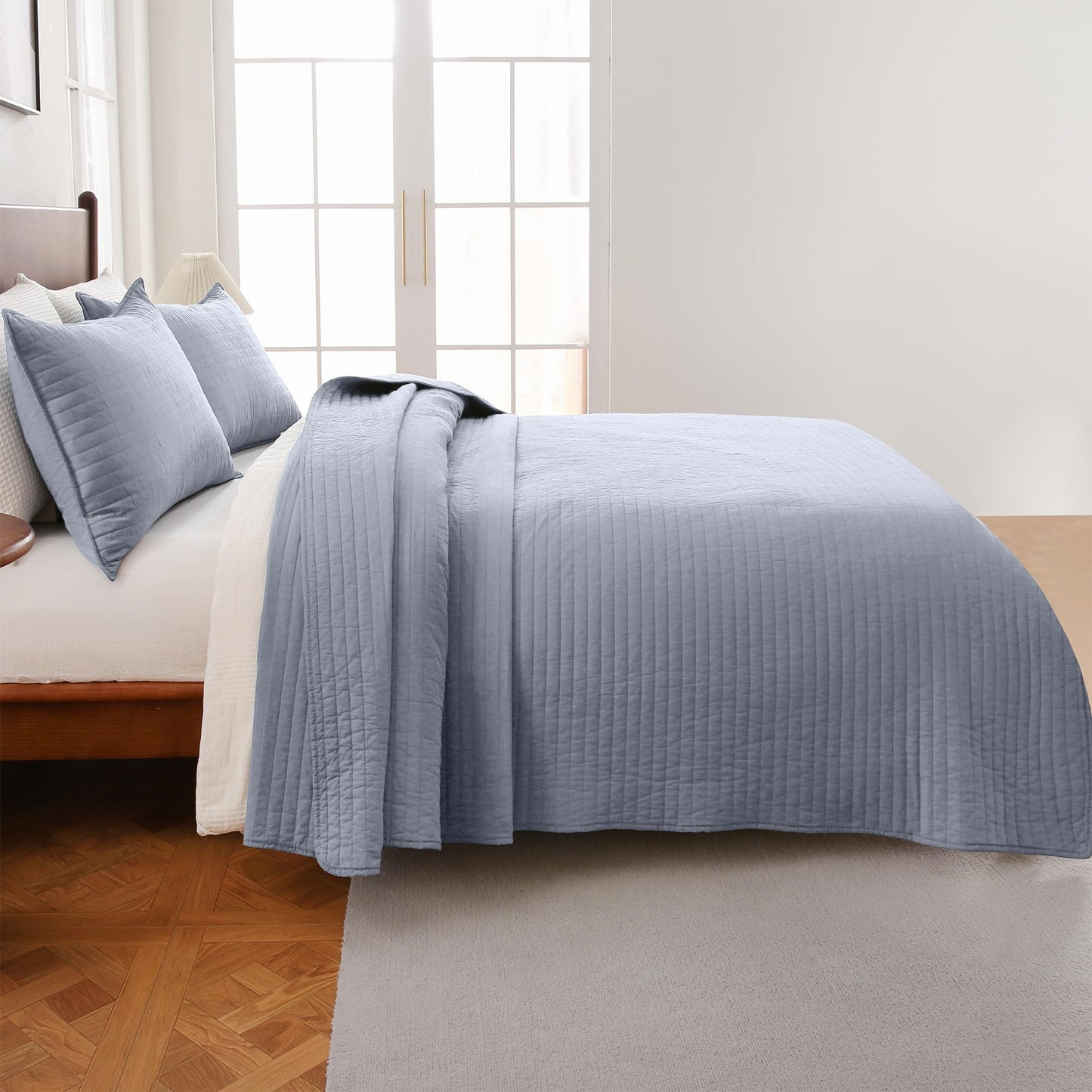 FDDX 100% Cotton Quilt Set Queen Size - Soft Lightweight Stripe Bedding Set, Classic Comforter Set for All Season with 2 Shams, Oversized Bedspread Coverlet, 90x98 inches