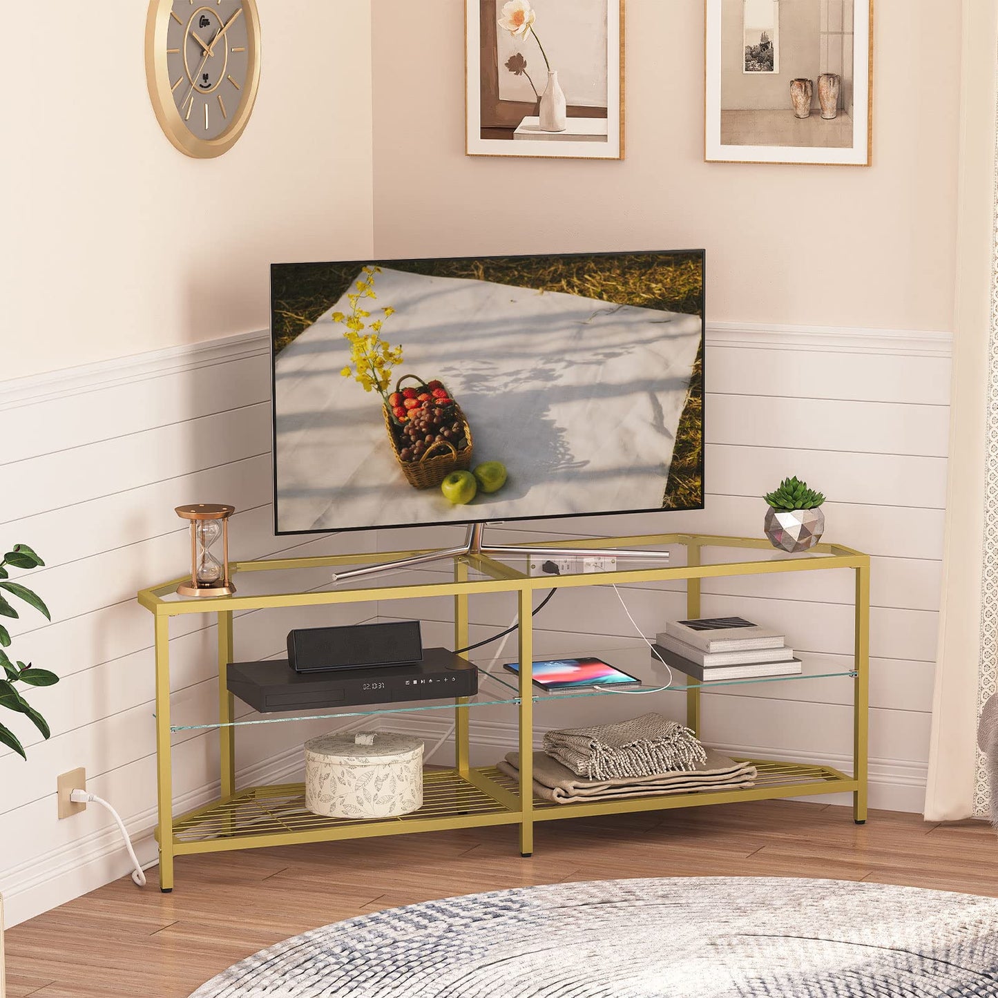 HOOBRO Corner TV Stand with Power Outlet for TVs up to 55", Modern 55" Corner TV Console Table with Open Shelves, Tempered Glass Media Entertainment Center for Living Room, Bedroom, Gold GD143UDS01
