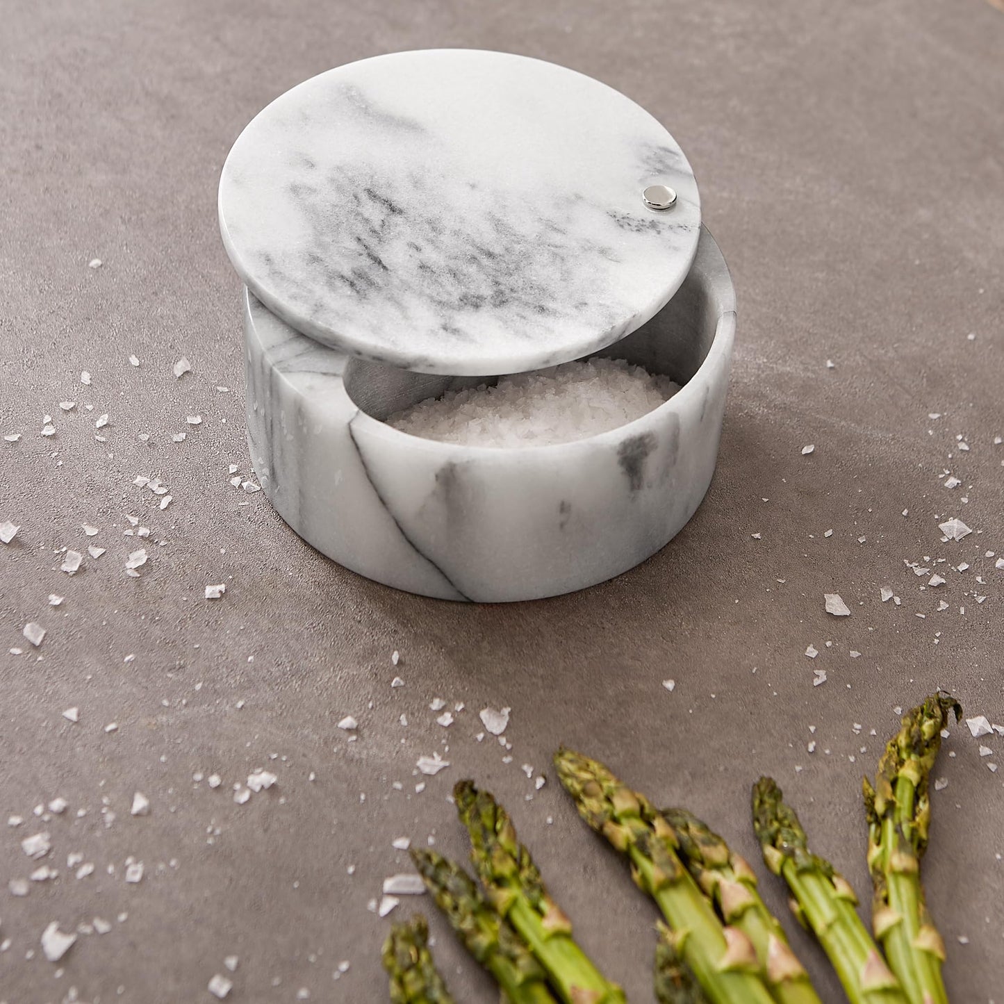 RSVP International Dual Compartment Box | Chic & Modern Herb Container | 10 Ounces Total | Swivel Top Protects Salts | Beautiful, Solid Marble, 5", White