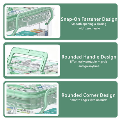 UFI Clear Medicine Storage Box with Lids, 2 Pack Portable First Aid Organizer with Handle, Stackable Storage Containers for Family Medical Supplies, Bathroom, Bedroom, Office(GREEN)