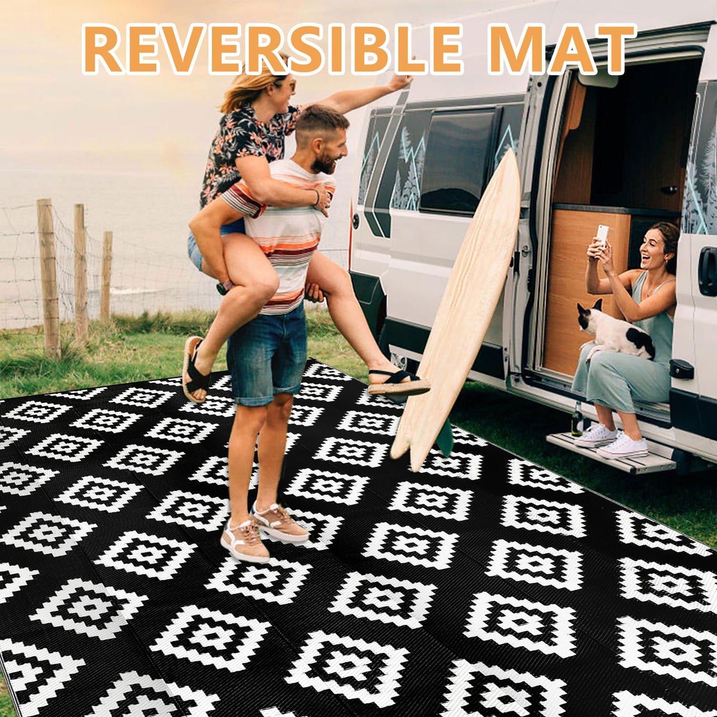 Homcomodar Outdoor Rug for Patio Waterproof 270x365cm Reversible Garden Rugs UV Resistant Camping Mat Plastic Straw Rug Outside Patio Rug for Yard Beach Picnic Deck(Black)
